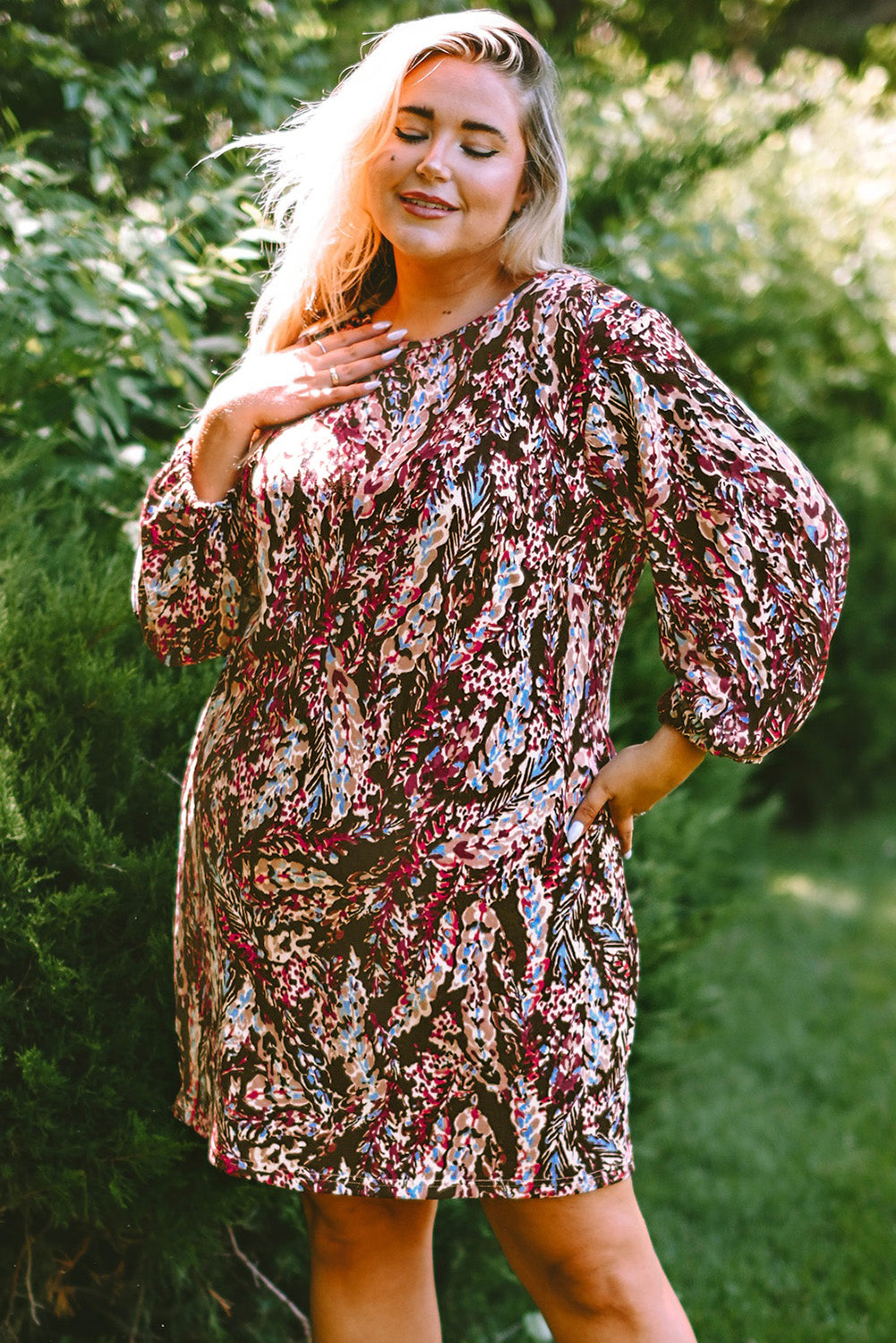 Plus Size Printed Round Neck Long Sleeve Mini Dress - felvior