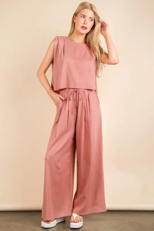 VERY J Solid Woven Top & Pants Set