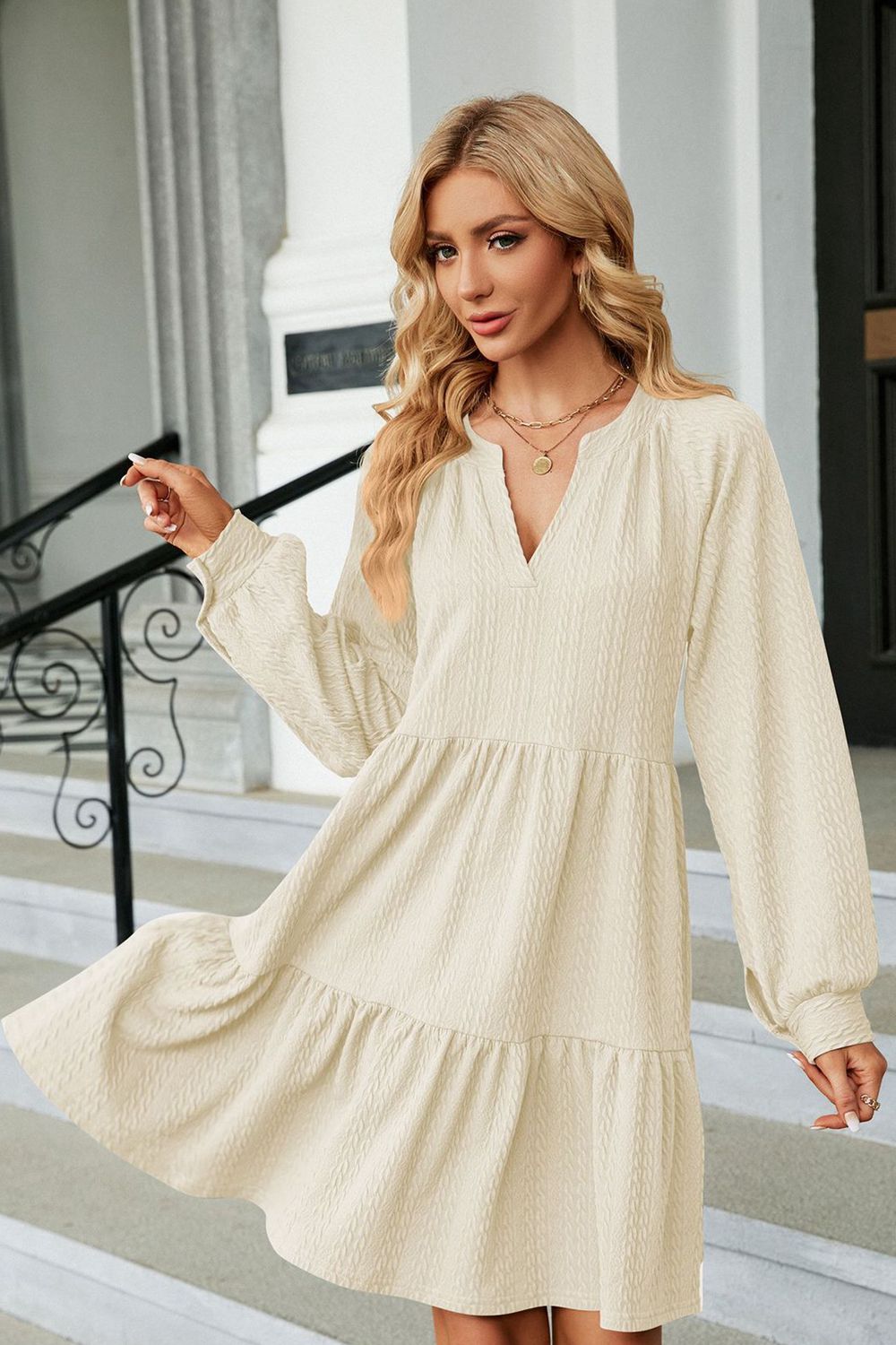Notched Neck Long Sleeve Mini Dress - felvior