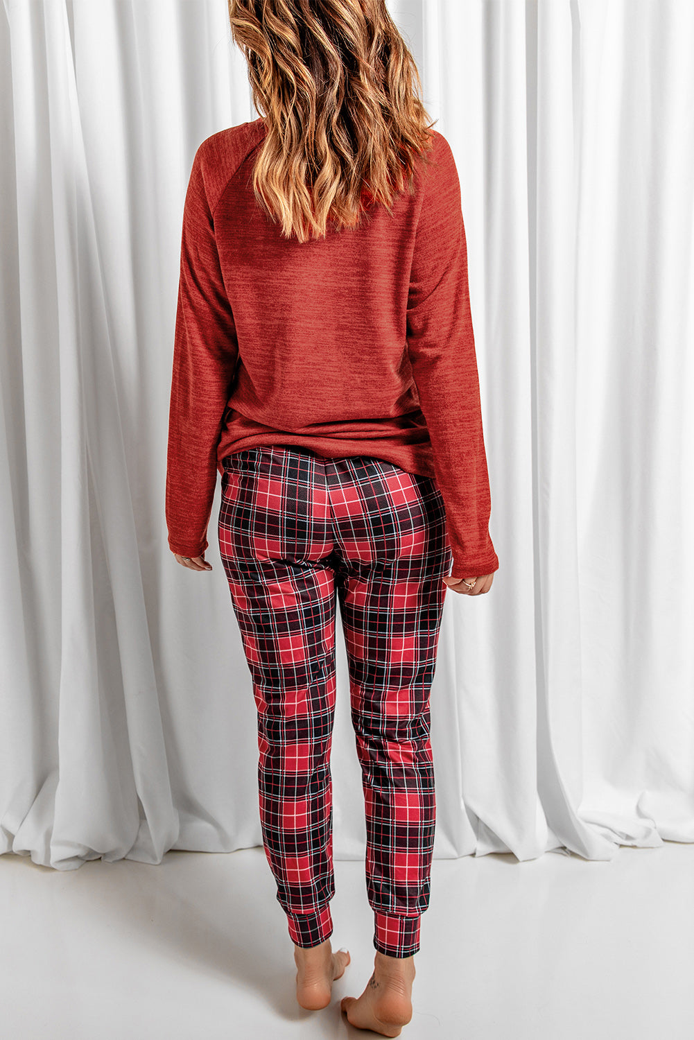 Round Neck Top and Drawstring Plaid Pants Lounge Set - felvior