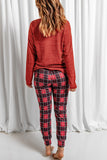 Round Neck Top and Drawstring Plaid Pants Lounge Set - felvior