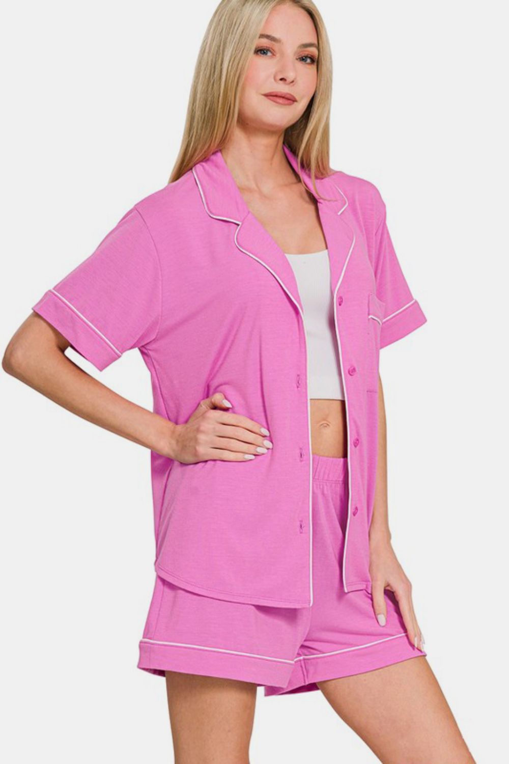 Zenana Button Down Short Sleeve Top and Shorts Lounge Set - felvior