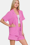 Zenana Button Down Short Sleeve Top and Shorts Lounge Set - felvior
