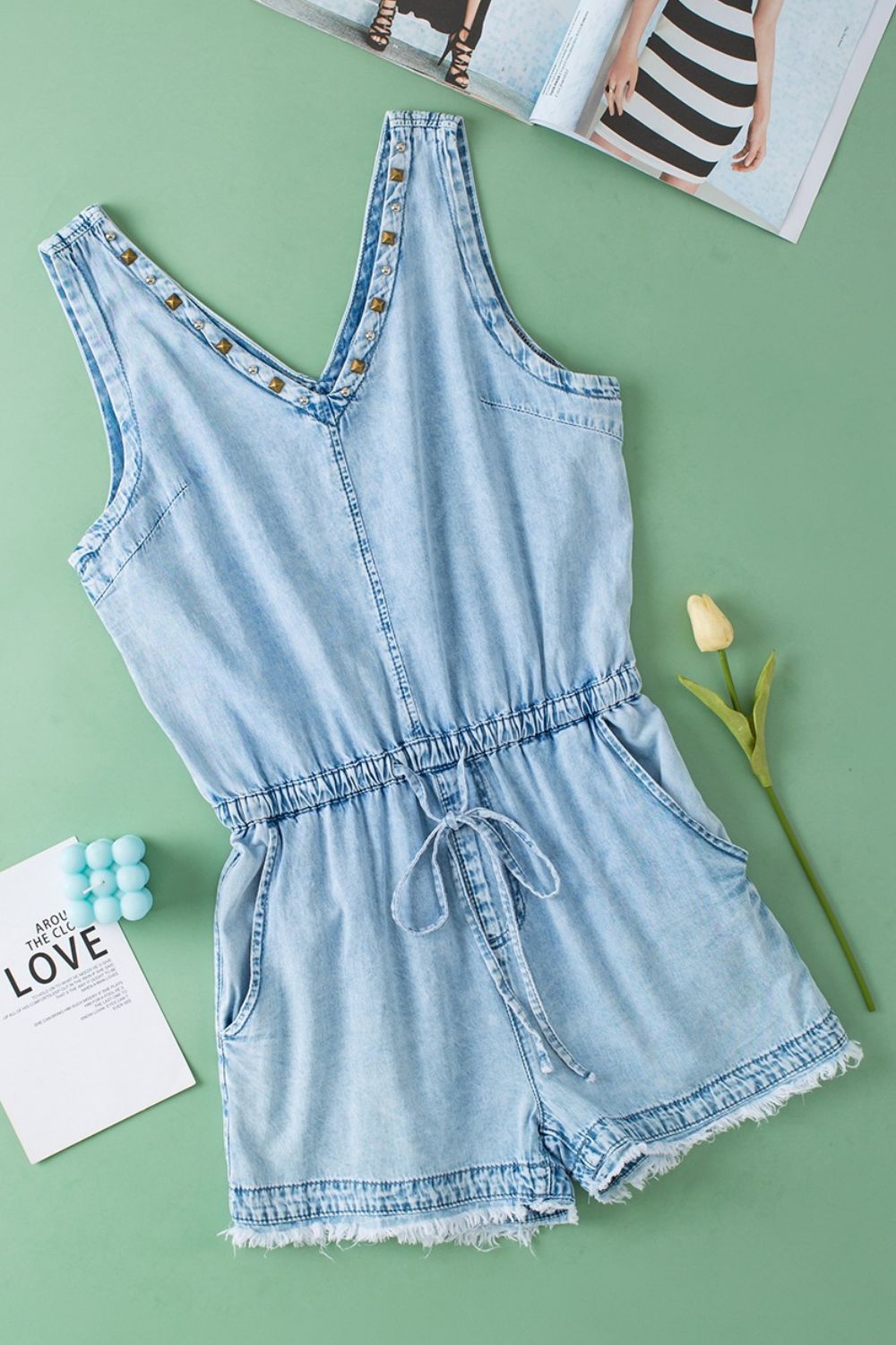 Raw Hem Studded V-Neck Drawstring Sleeveless Denim Romper
