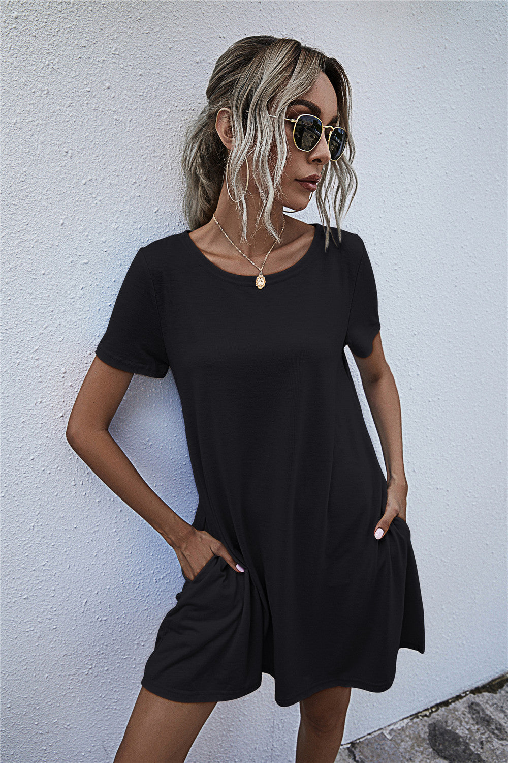 Round Neck Short Sleeve Mini Dress - felvior