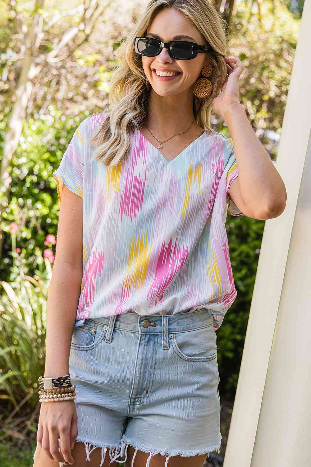 High-Low V-Neck Short Sleeve Blouse - felvior