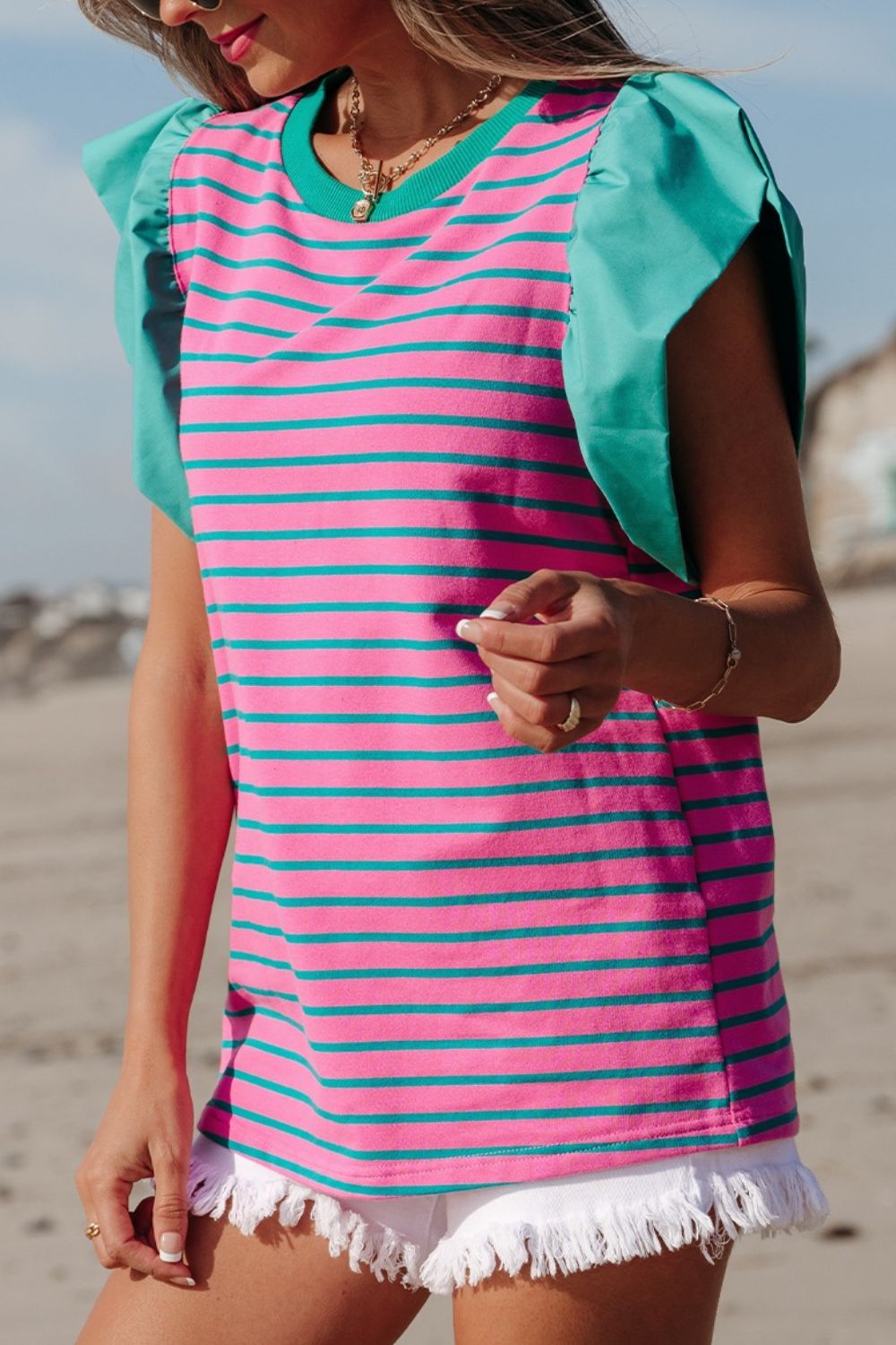 Striped Round Neck Cap Sleeve Blouse