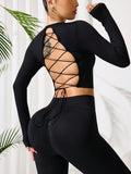 Lace-Up Back Round Neck Top and Leggings Active Set - felvior