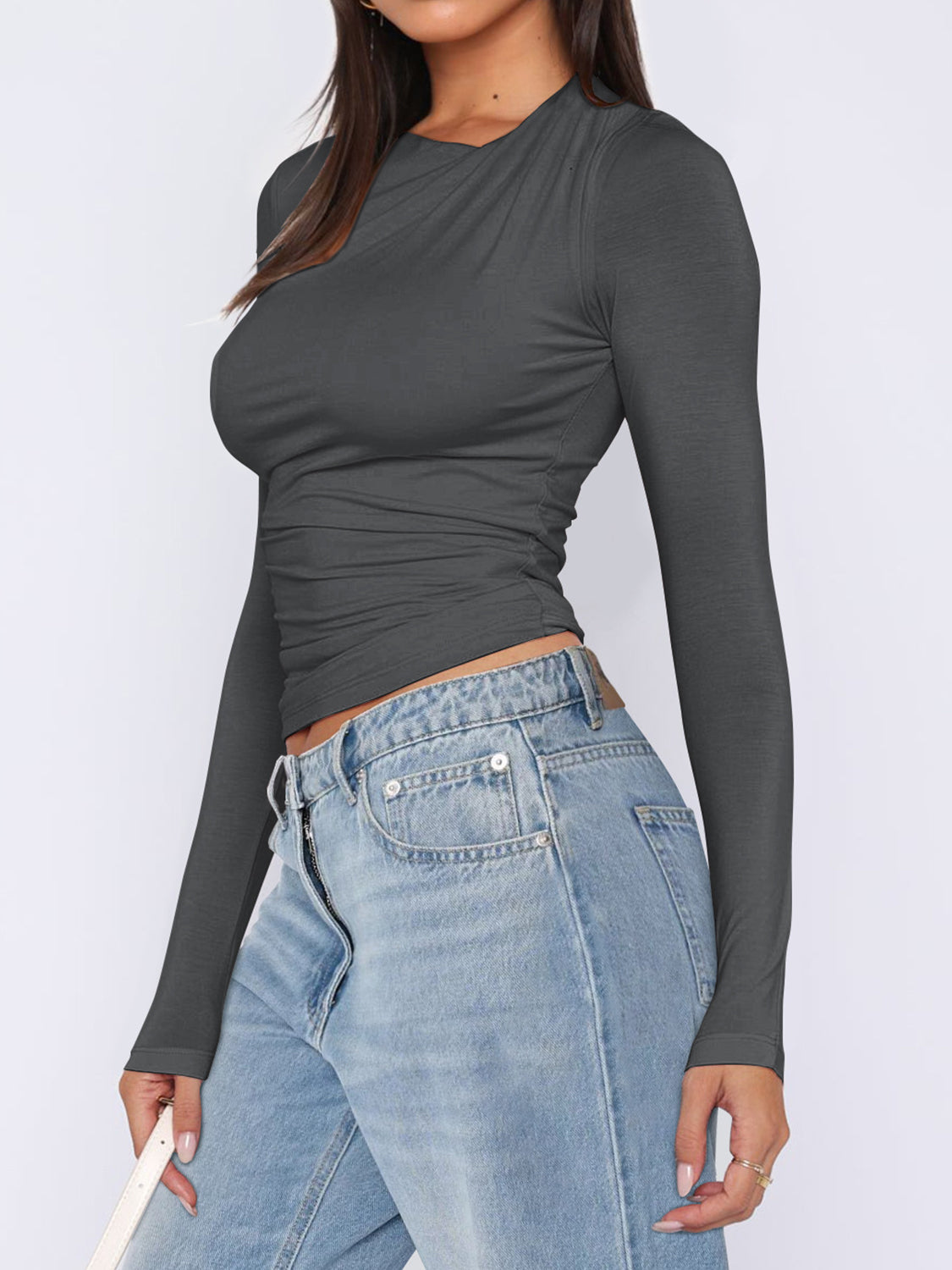 Ruched Asymmetrical Neck Long Sleeve T-Shirt - felvior