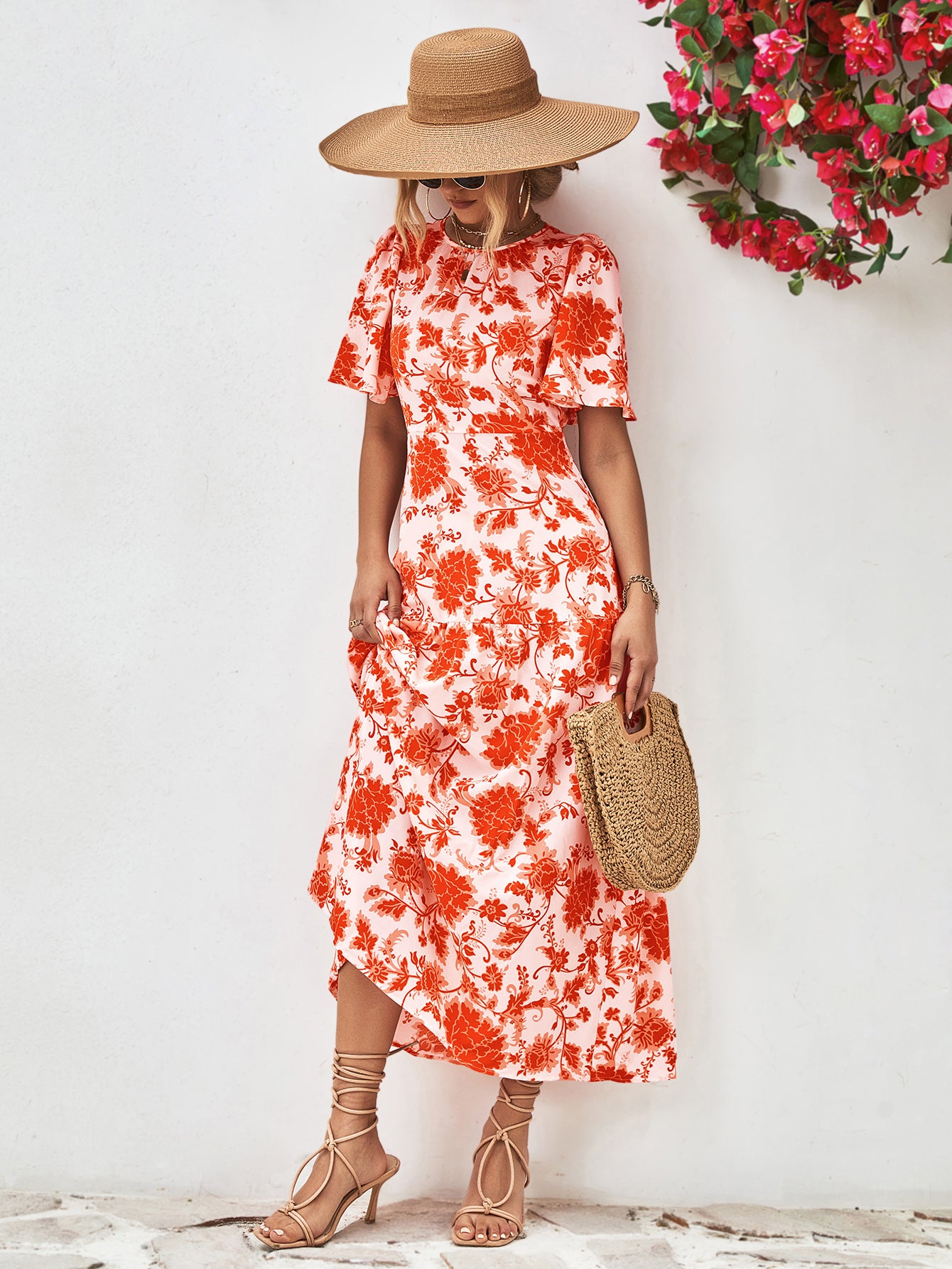 Floral Round Neck Tied Open Back Dress - felvior