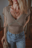 Lace Splicing Crisscross Slim V Neck T Shirt