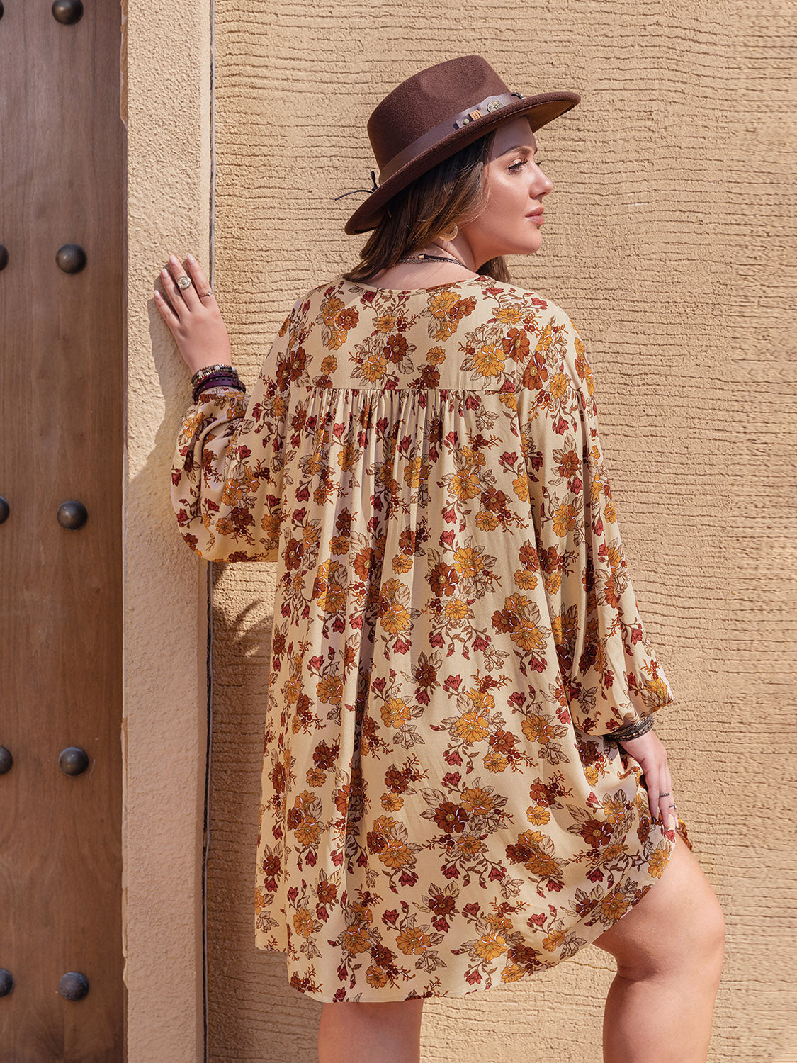 Plus Size Printed V-Neck Balloon Sleeve Mini Dress Secondary image