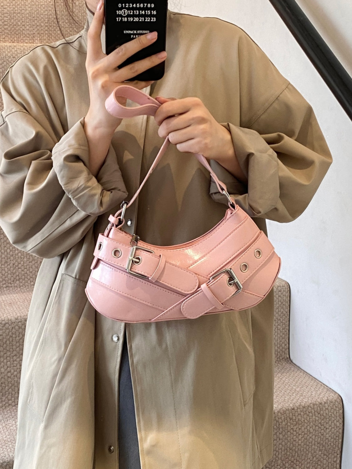 PU Leather Buckle Shoulder Bag - felvior