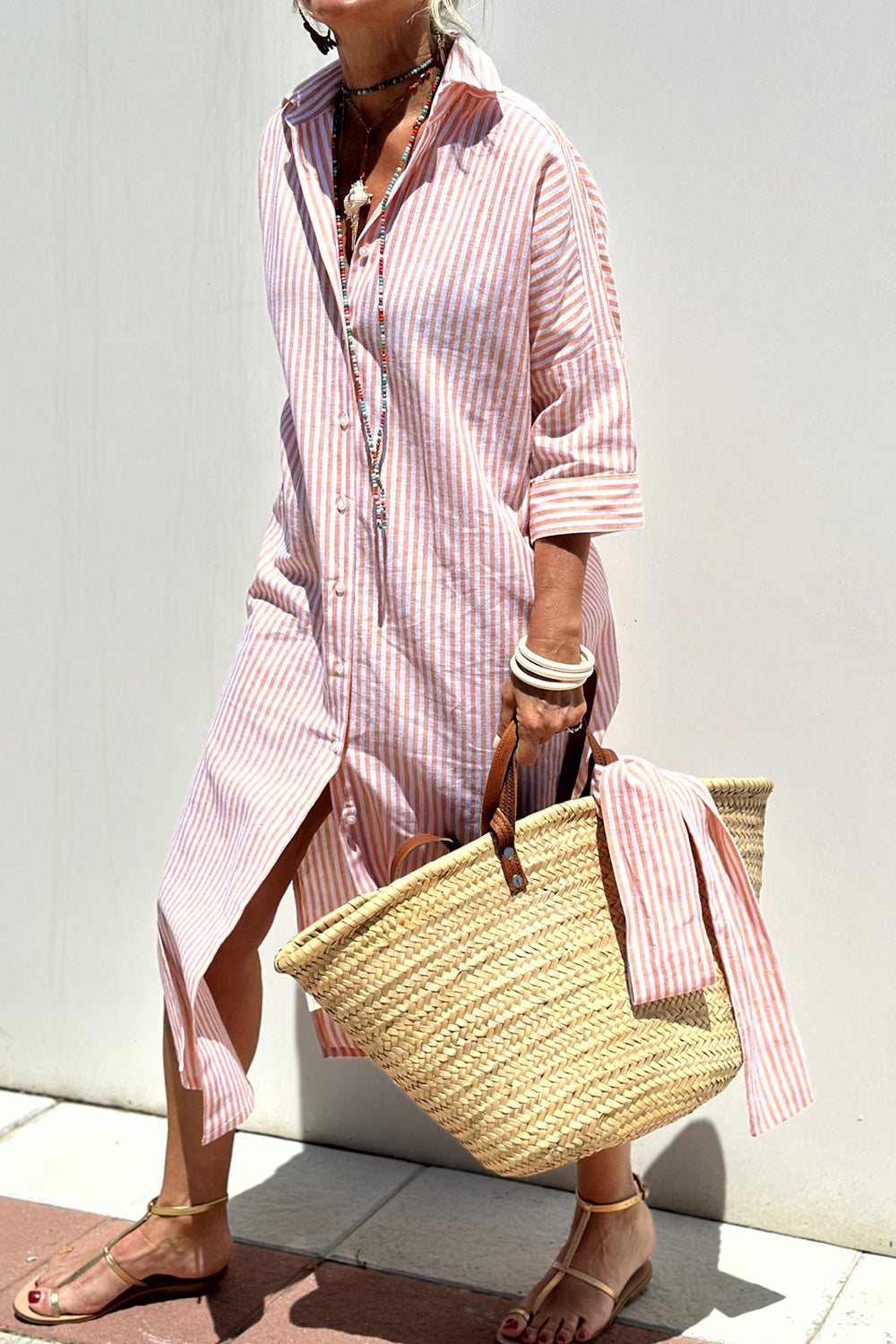 Tied Button Up Three-Quarter Sleeve Dress - felvior