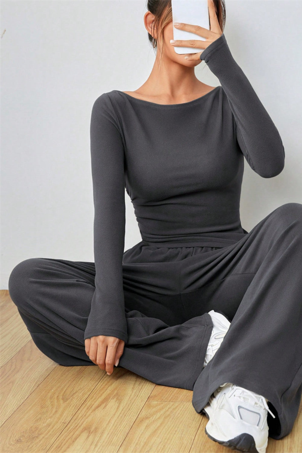 Boat Neck Long Sleeve Top and Pants Set - felvior