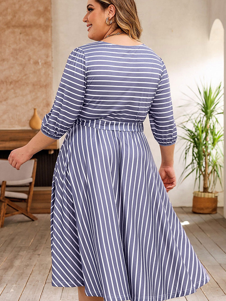 Plus Size Round Neck Striped Tie Waist Dress - felvior