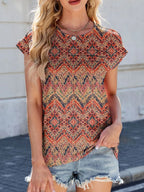 Printed Round Neck Cap Sleeve Top