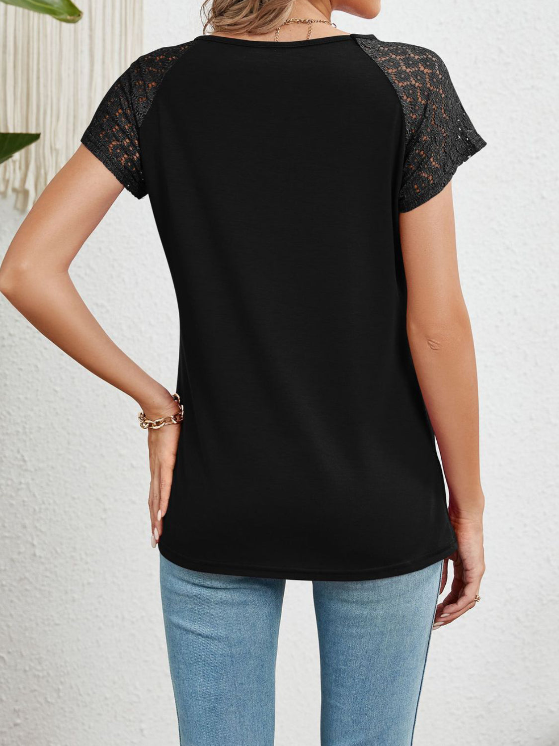 Round Neck Lace Short Sleeve Top - felvior