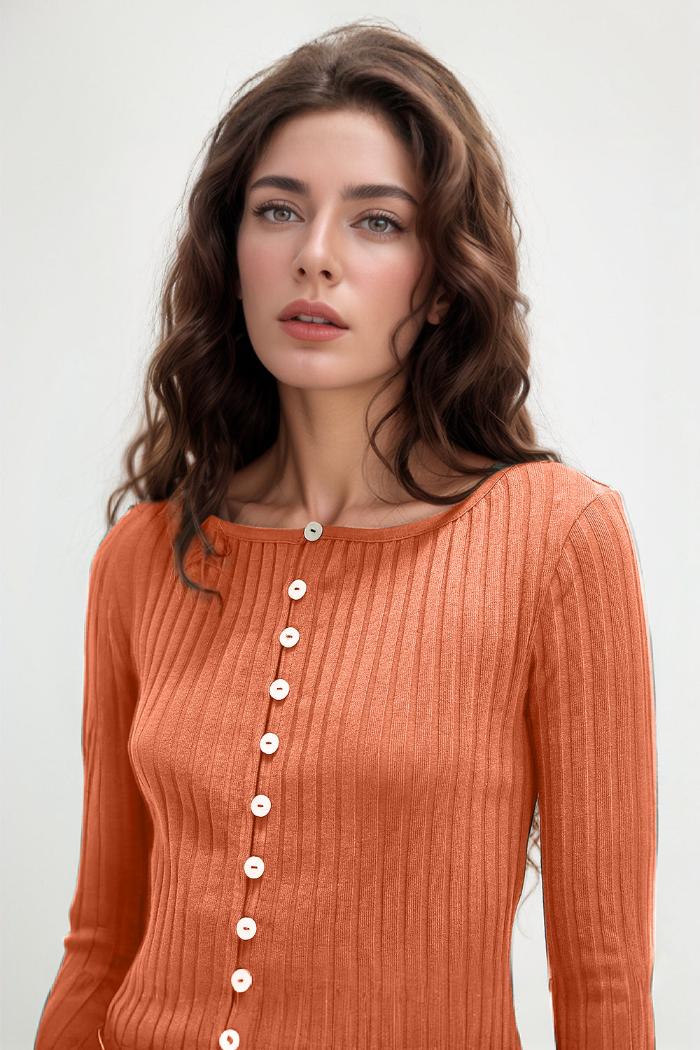 Basic Bae Texture Button Up Round Neck Long Sleeve Top - felvior