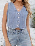 V-Neck Button Down Denim Vest - felvior