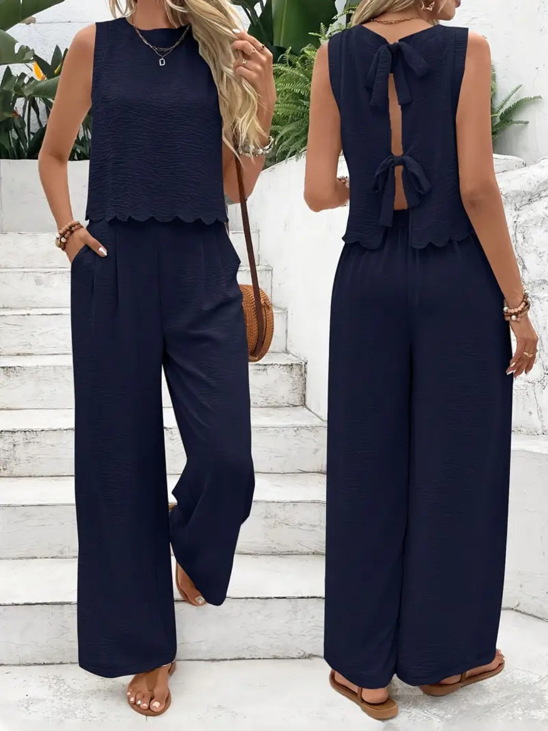 Tie Back Round Neck Top and Pants Set - felvior