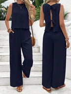 Tie Back Round Neck Top and Pants Set