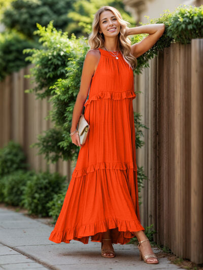 Ruffled Sleeveless Tiered Maxi Dress with Pockets - felvior