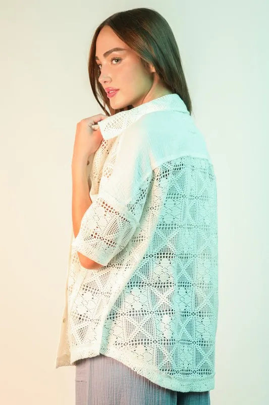 VERY J Plus Size Oversized Crochet Button Down Shirt Top