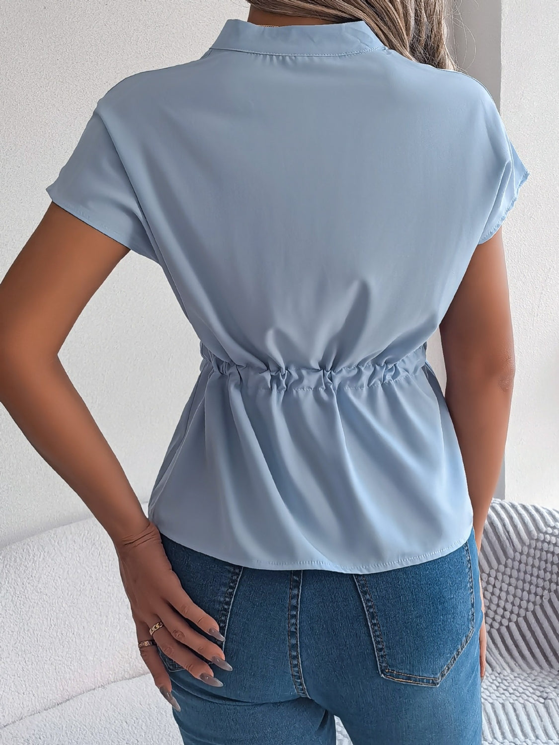 Notched Short Sleeve Blouse - felvior