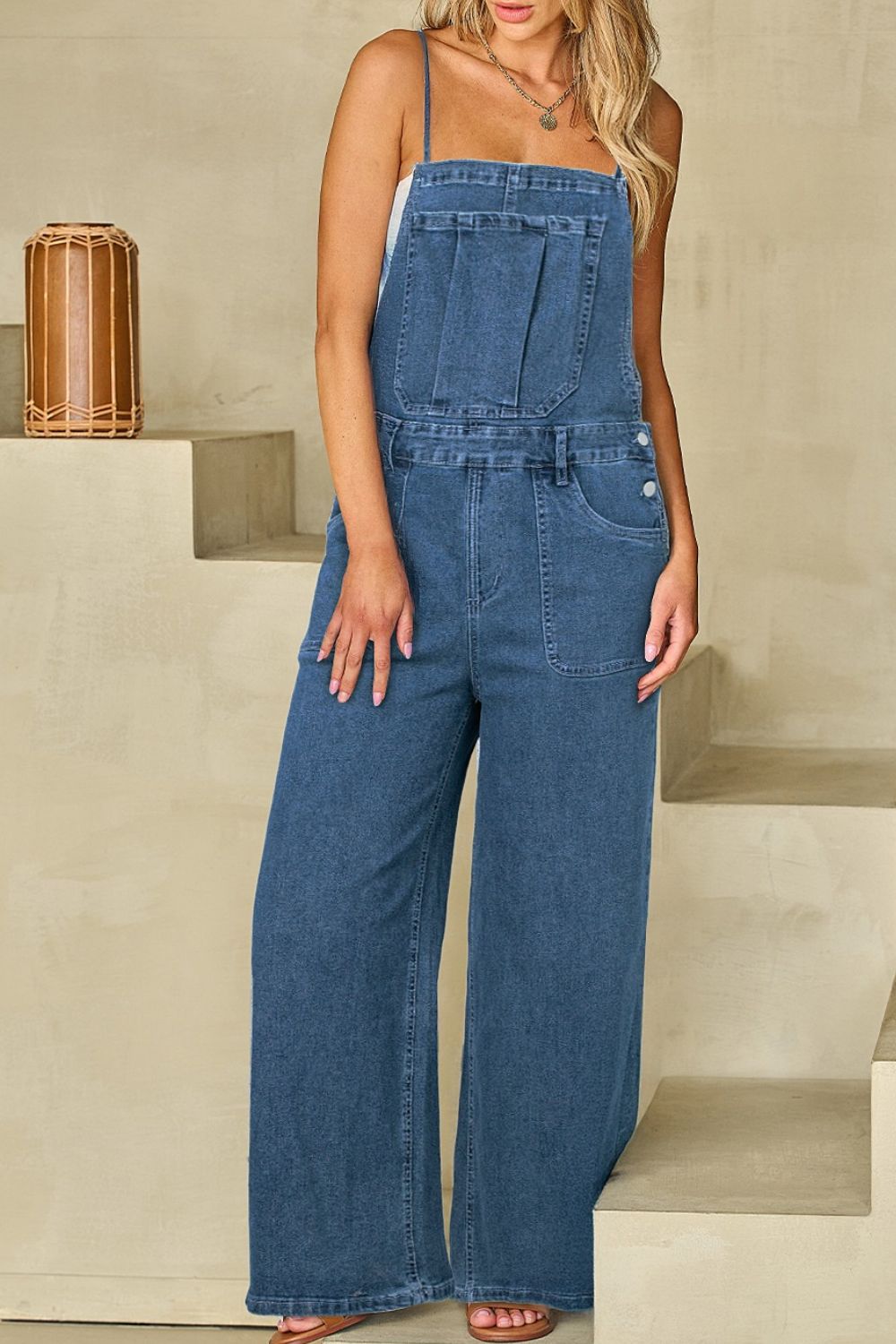 Adjustable Tie Straps Wide Leg Denim Overalls Hauptbild