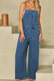 Adjustable Tie Straps Wide Leg Denim Overalls - felvior