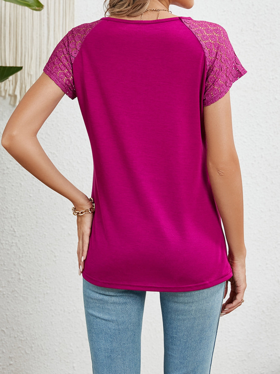 Round Neck Lace Short Sleeve Top - felvior