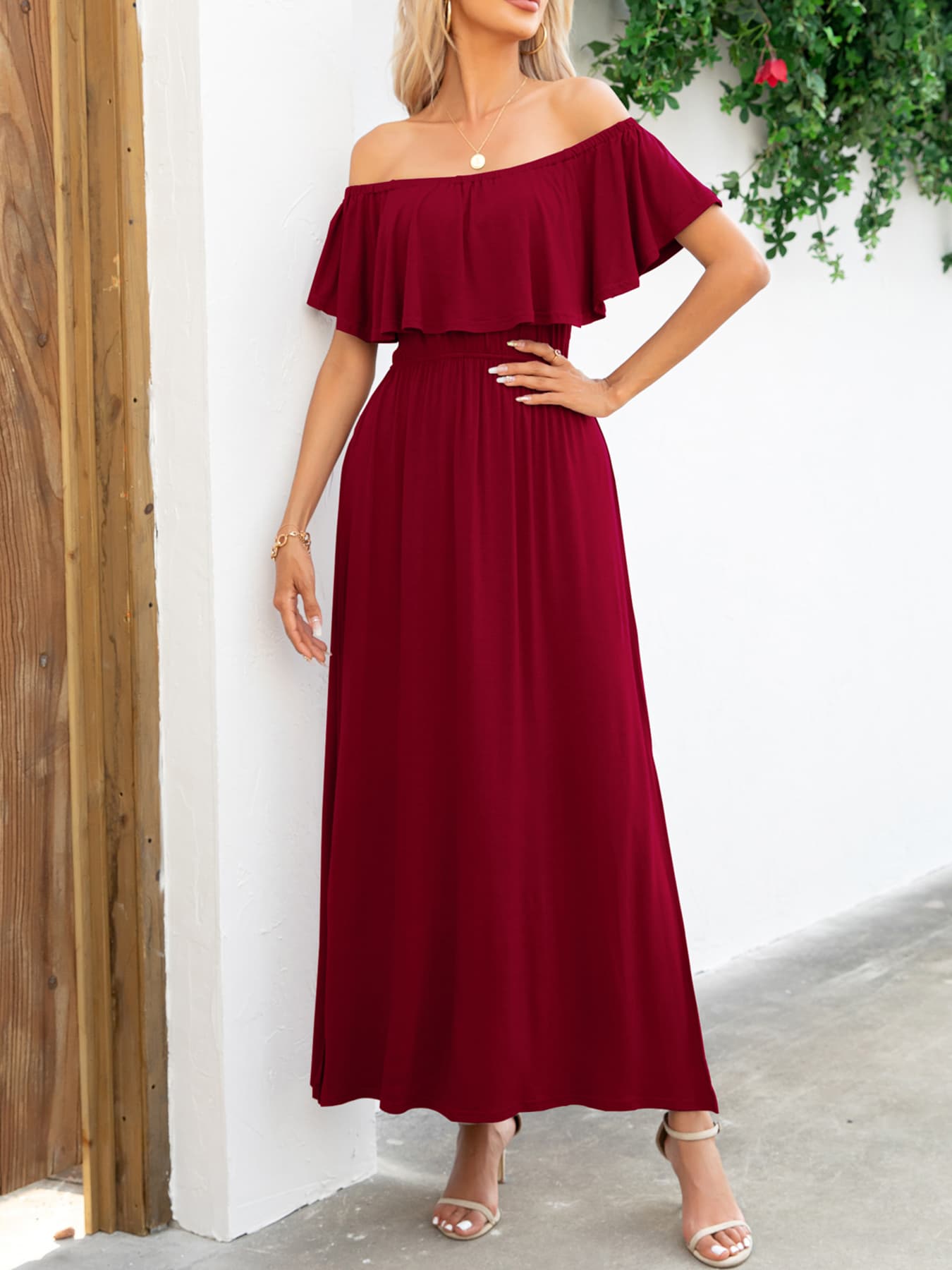 Off-Shoulder Slit Maxi Dress - felvior