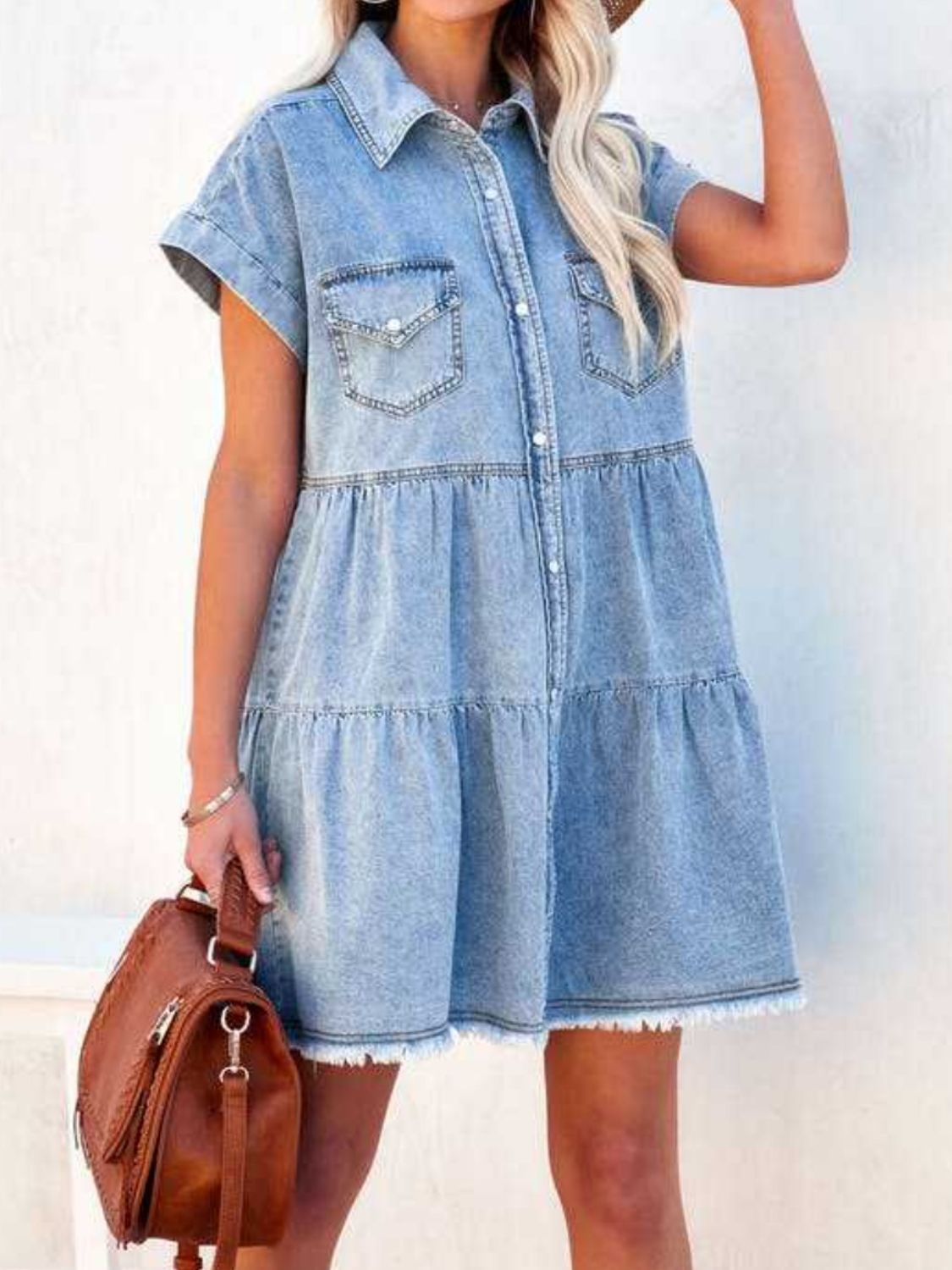 Raw Hem Short Sleeve Denim Dress - felvior