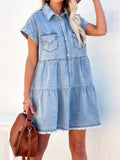Raw Hem Short Sleeve Denim Dress - felvior