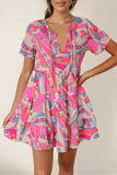 Multicolored Tie Neck Short Sleeve Tiered Dress - felvior