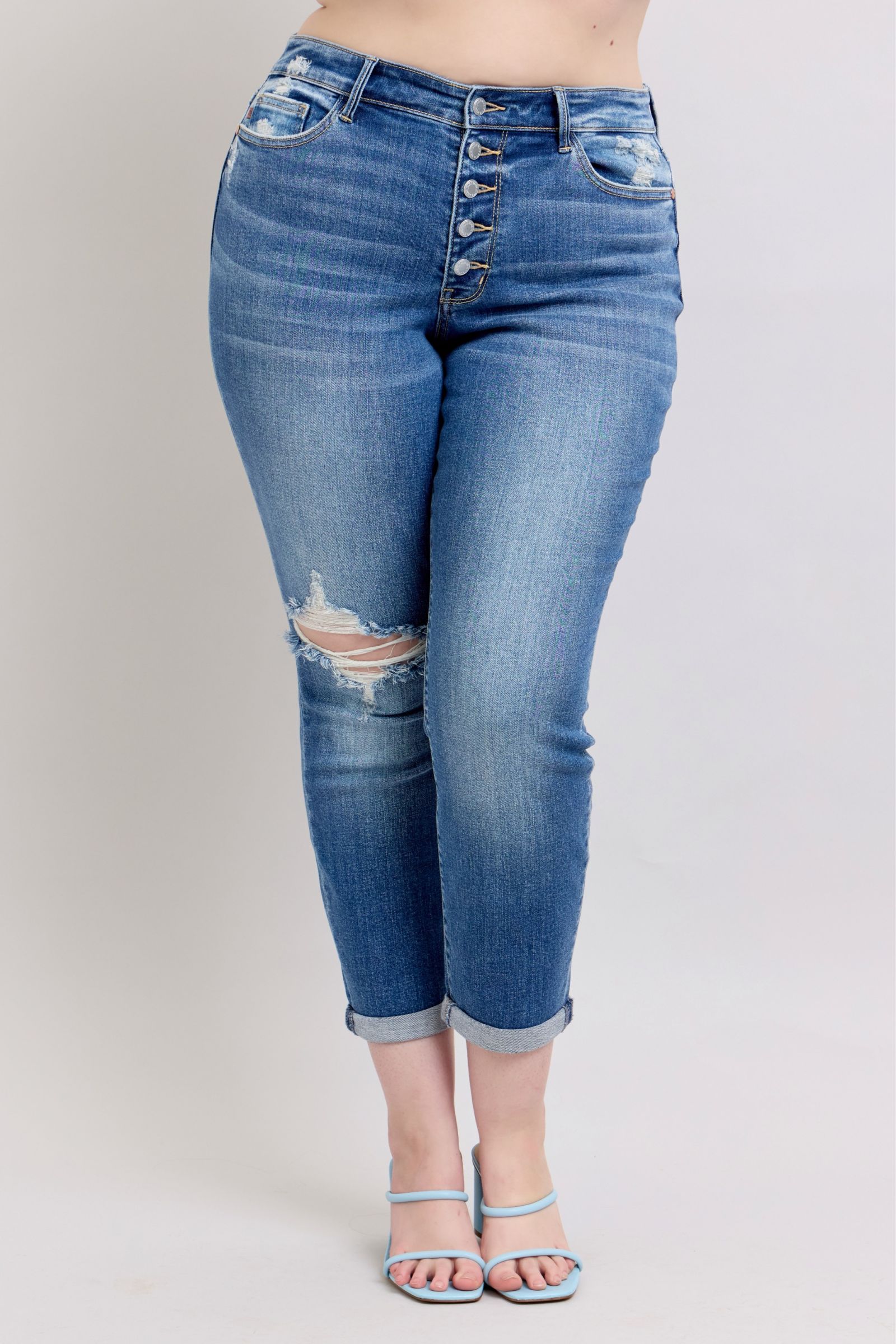 Judy Blue Full Size Button Fly Distressed Jeans with Pockets Plus Size - felvior