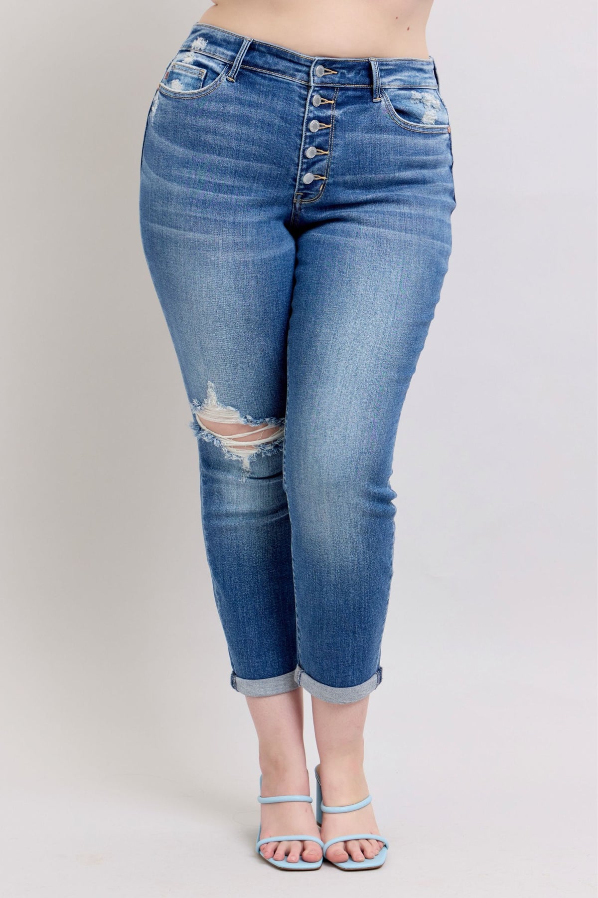 Judy Blue Full Size Button Fly Distressed Jeans with Pockets Plus Size - felvior