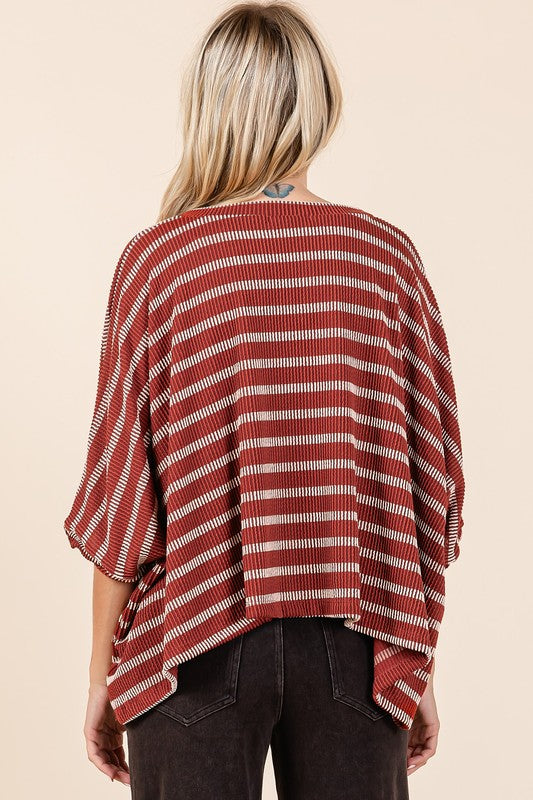 Mittoshop Texture Striped Print Round Neck Dolman Sleeve Top