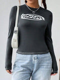Letter Graphic Round Neck Long Sleeve T-Shirt - felvior