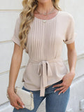 Tied Pleated Round Neck Short Sleeve Top - felvior