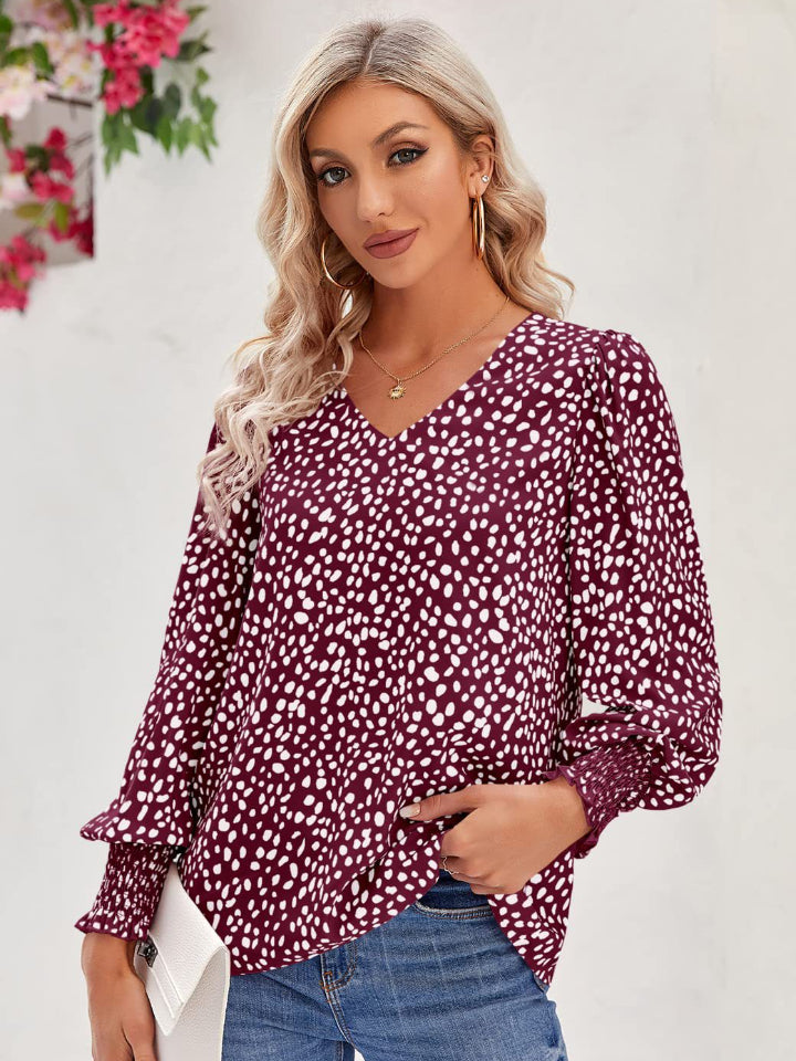 Printed V-Neck Lantern Sleeve Blouse - felvior