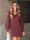 Perfee V-Neck Long Sleeve Sweater Dress - felvior