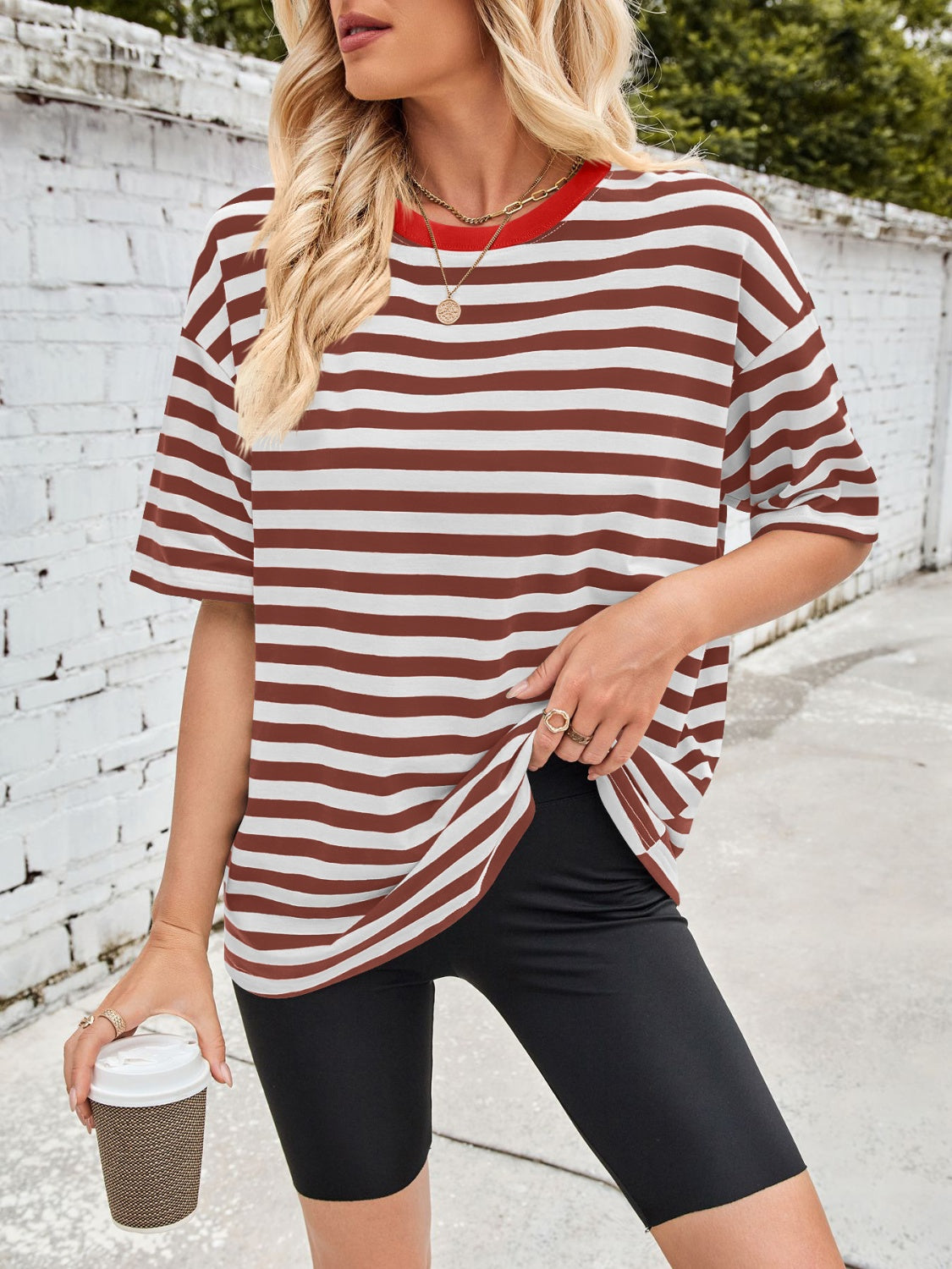Lovelet Striped Round Neck Half Sleeve T-Shirt - felvior