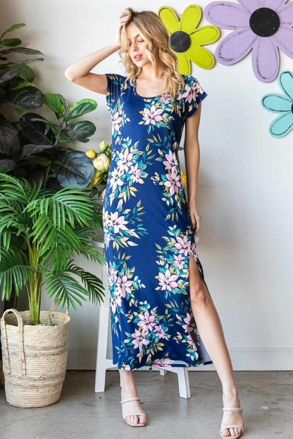 Heimish Full Size Floral Short Sleeve Slit Dress - felvior