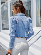 Button Down Raw Hem Cropped Denim Jacket