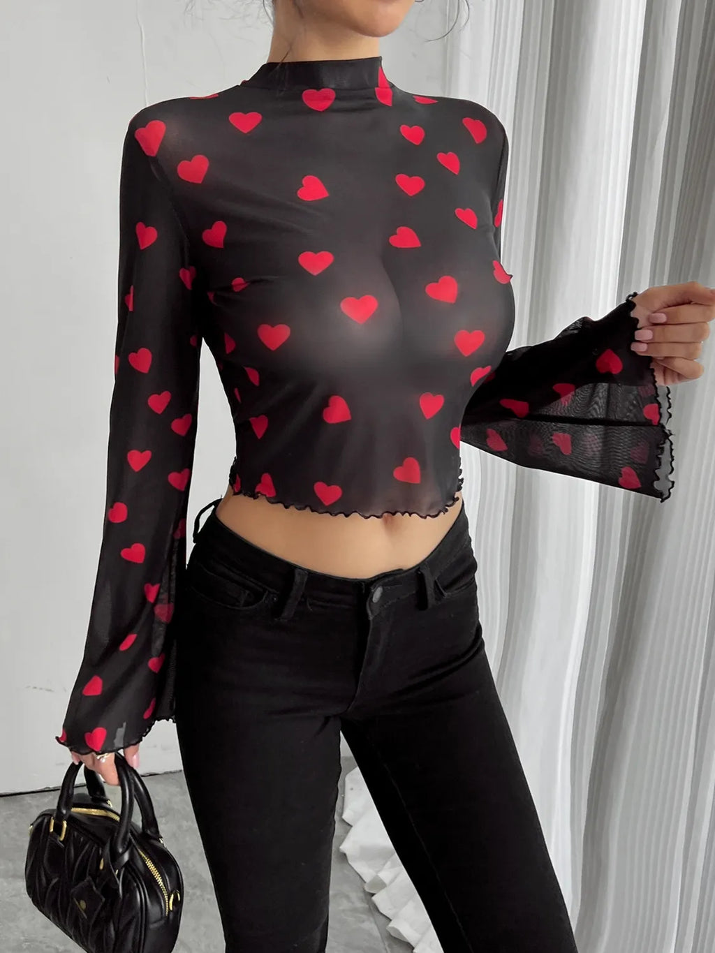 Printed Mock Neck Long Sleeve Cropped T-Shirt