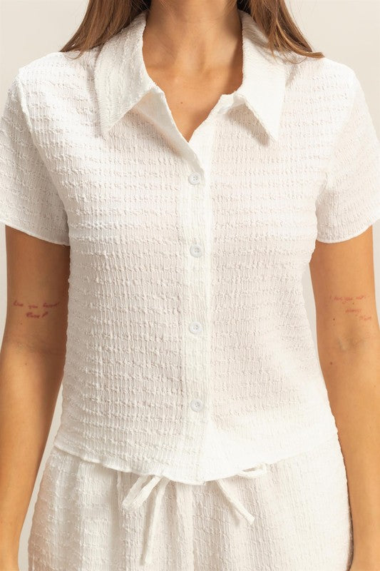 HYFVE Textured Short Sleeve Top and Drawstring Shorts Knit Set