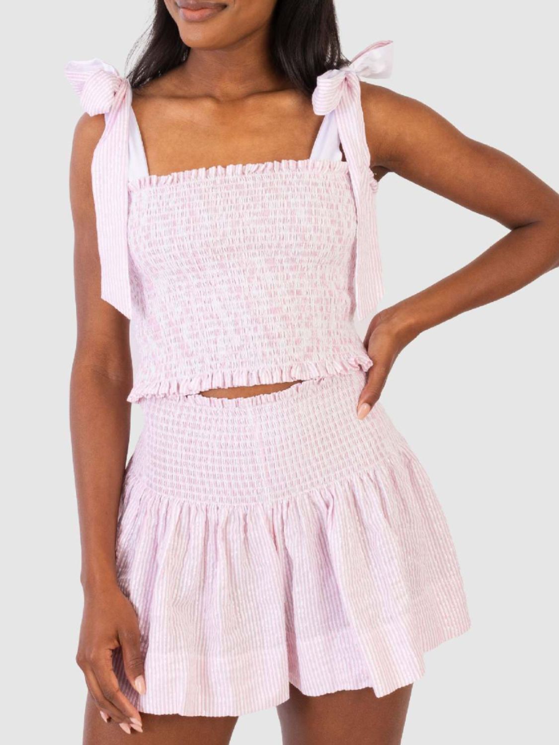 Smocked Tie Shoulder Top and Mini Skirt Set