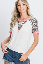 HeimishFull Size Leopard Round Neck Short Sleeve T-Shirt with Stitch Plus Size